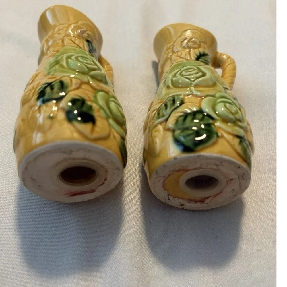 Vintage Salt and Pepper Shakers Pitcher Rose Yellow Green Mid-Century